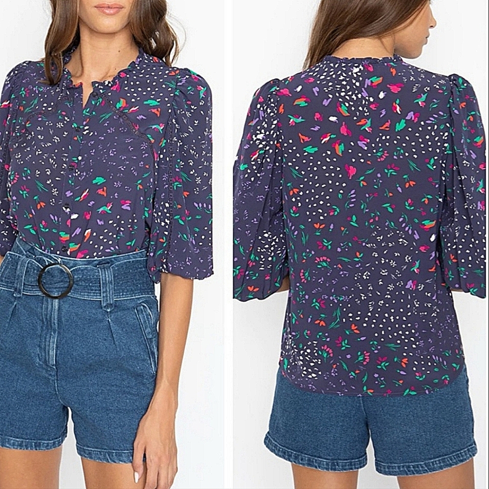 Anthropologie Navy Floral Puff-Sleeve Blouse with Pink & Green Accents